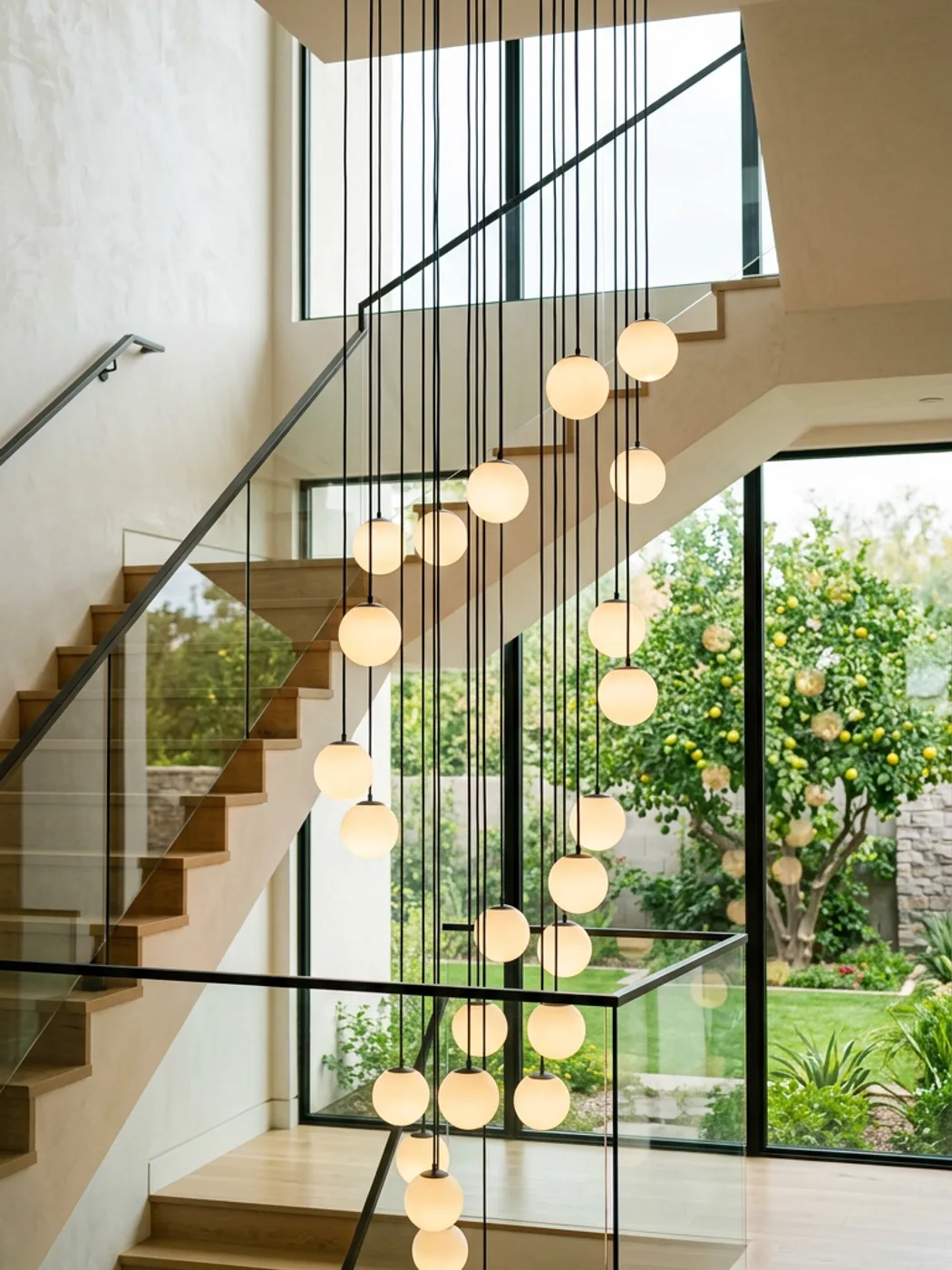 Custom lighting design for Arcadia Phoenix luxury homes | PHX Interior Design Custom lighting design for Arcadia Phoenix luxury homes: custom black-cord ceiling light with glowing spherical globes suspended from multiple canopies in front of tall windows and a palo verde tree