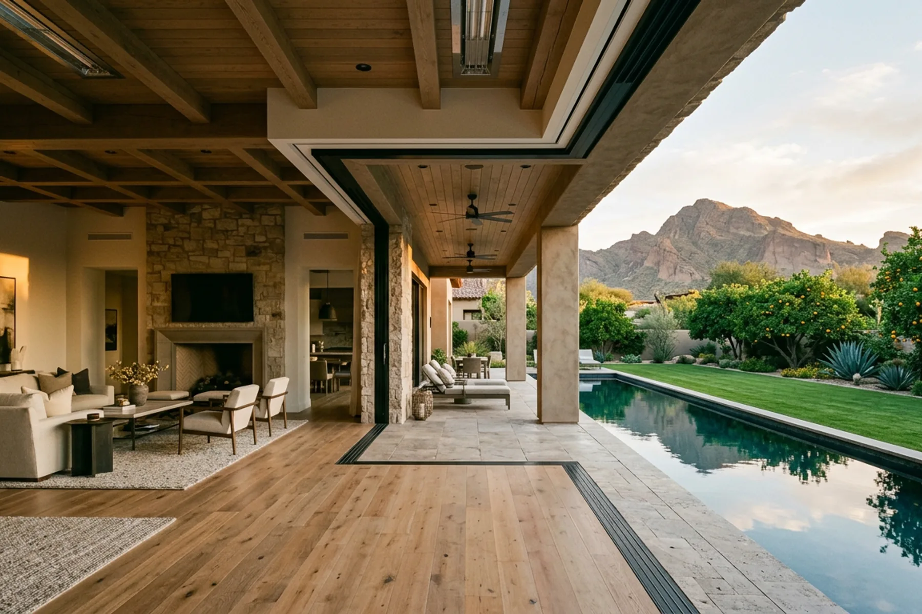 Indoor-outdoor living design for Arcadia Phoenix luxury homes | PHX Interior Design Indoor-outdoor living design for Arcadia Phoenix luxury homes: living room with a corner pocketing glass wall fully open to a covered patio, pool and mountains beyond, with oak plank floors and linear heaters overhead