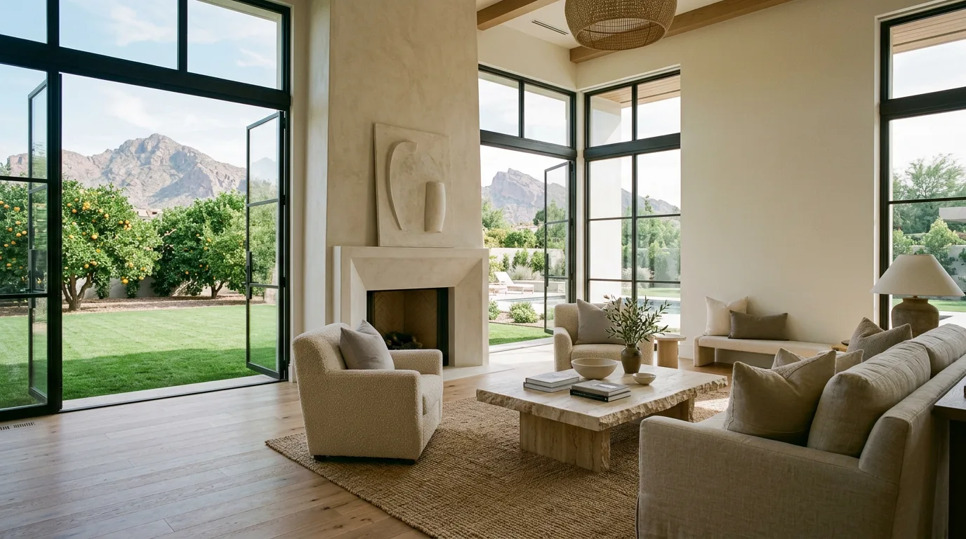 Arcadia interior designer: luxury great room with glass walls opening to citrus trees and Camelback Mountain Arcadia interior designer: luxury great room with glass walls opening to citrus trees and Camelback Mountain