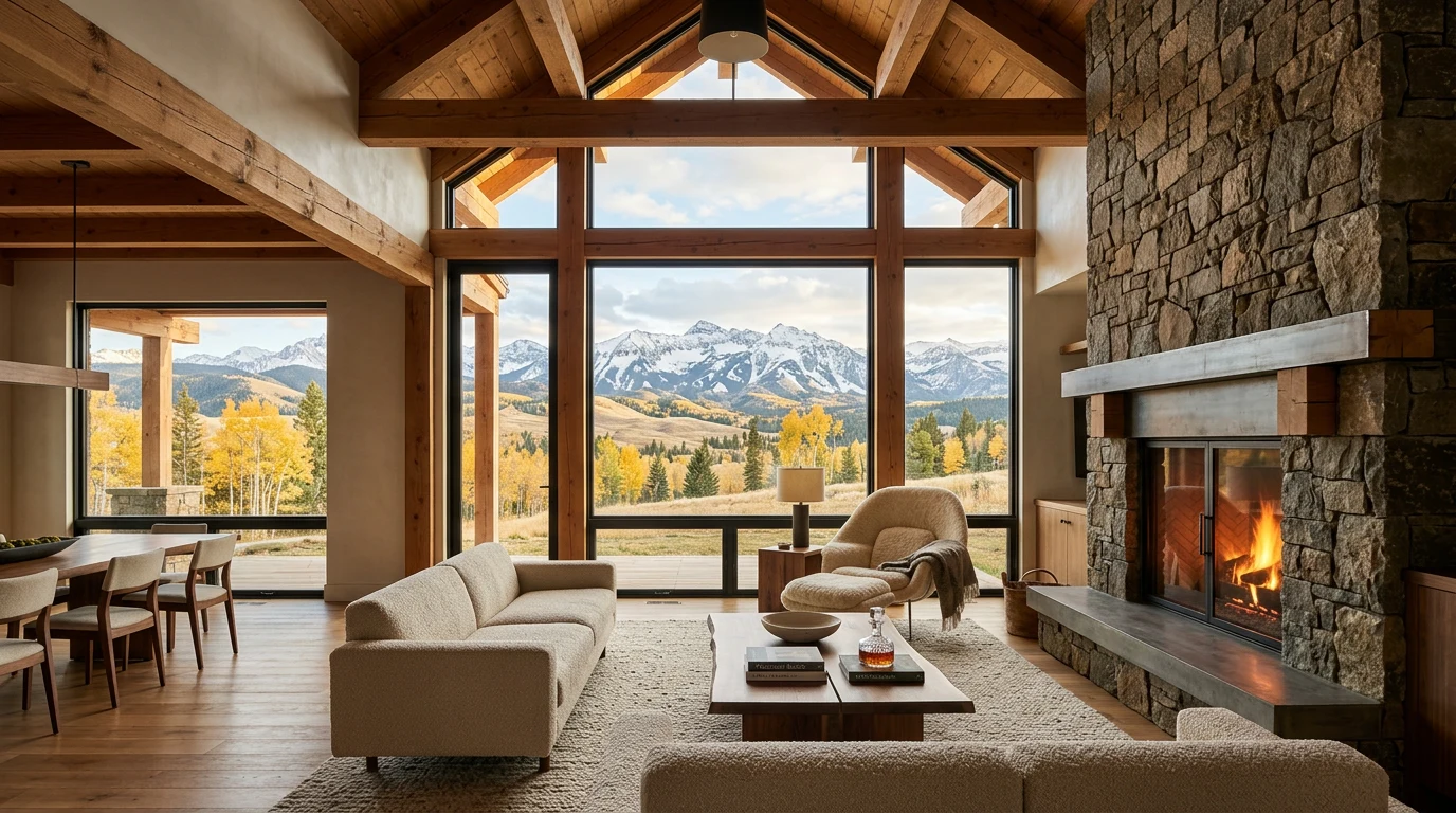 Bozeman interior designer: mountain-modern great room with timber beams, stone fireplace and Bridger Mountain views Bozeman interior designer: mountain-modern great room with timber beams, stone fireplace and Bridger Mountain views