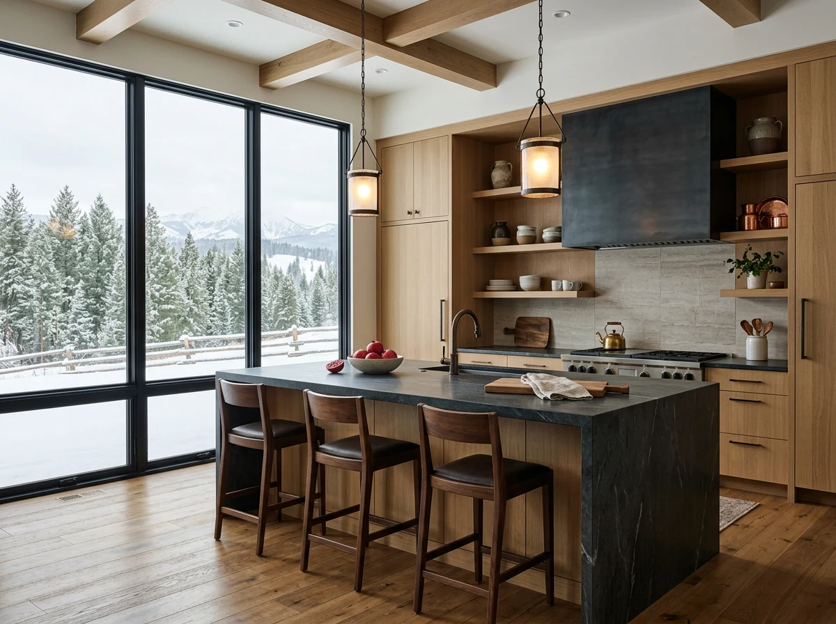 Luxury interior design in Bozeman, MT: white oak and soapstone kitchen with bronze pendants and a snowy forest view Luxury interior design in Bozeman, MT: white oak and soapstone kitchen with bronze pendants and a snowy forest view