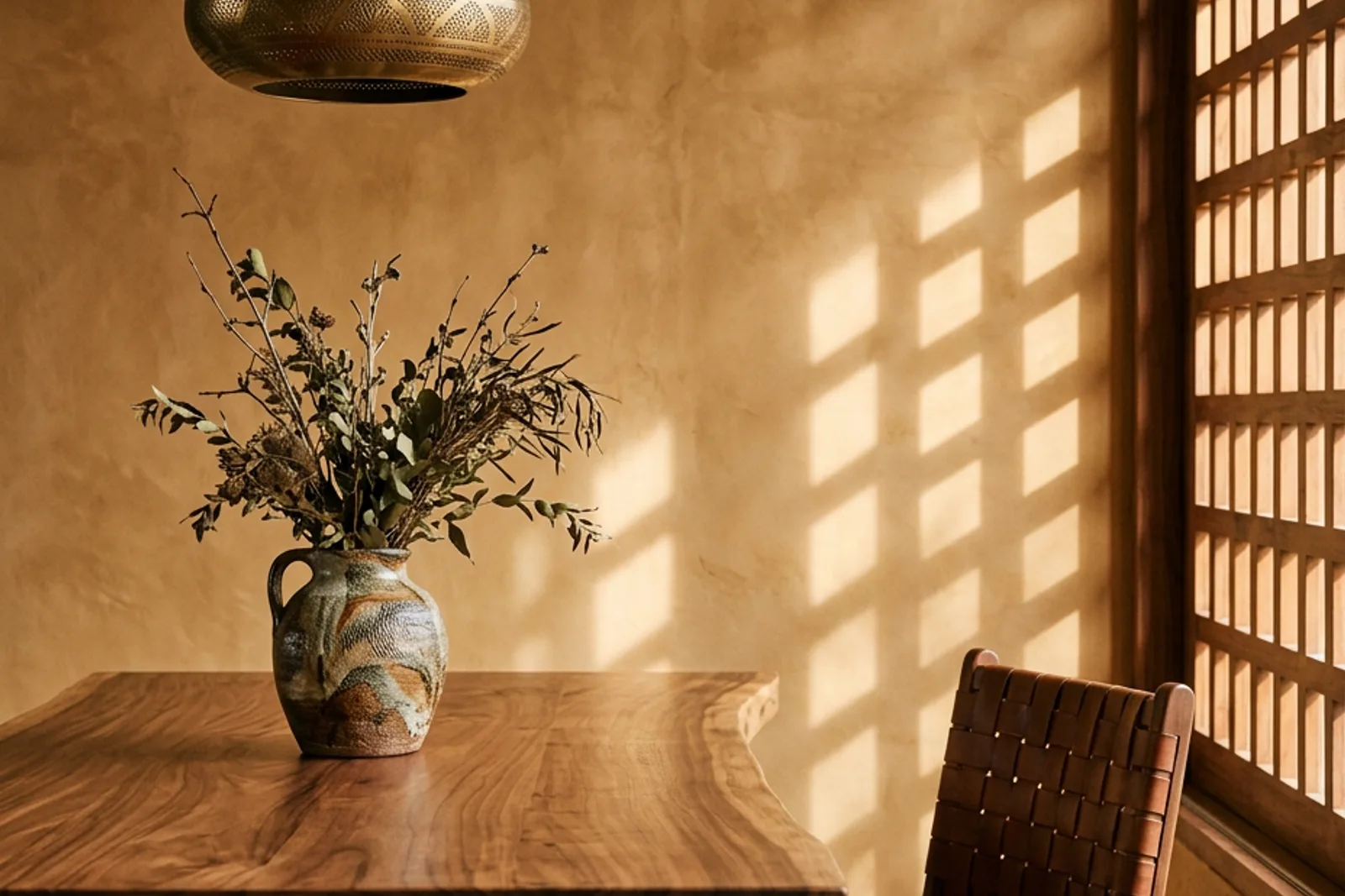 Diseño de interiores de lujo en Guadalajara: comedor de nogal con cerámica de Tonalá y lámpara de latón Diseño de interiores de lujo en Guadalajara: comedor de nogal con cerámica de Tonalá y lámpara de latón