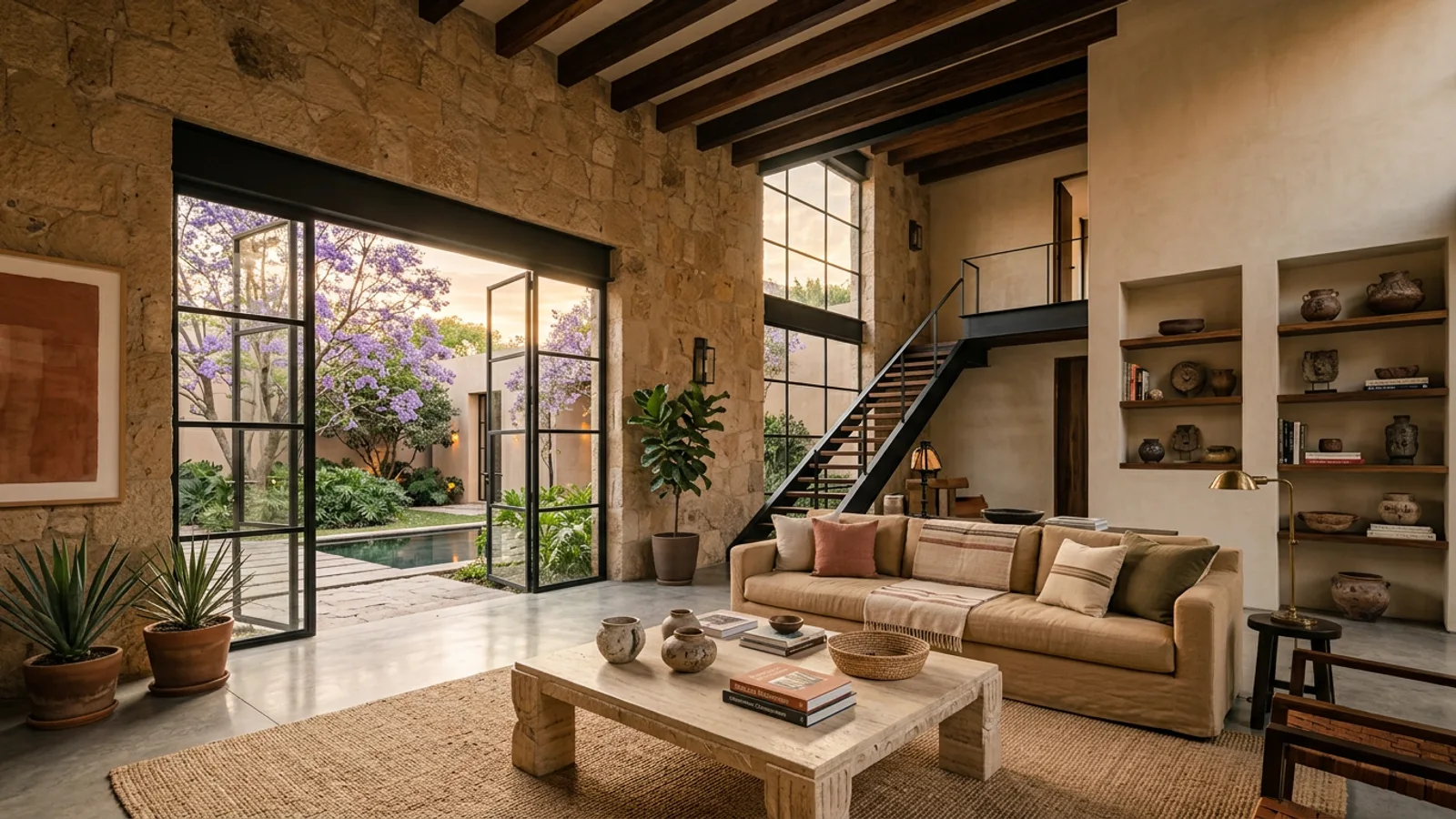 Diseñador de interiores en Guadalajara: sala de lujo con muros de cantera abierta a un patio en Jalisco, México Diseñador de interiores en Guadalajara: sala de lujo con muros de cantera abierta a un patio en Jalisco, México