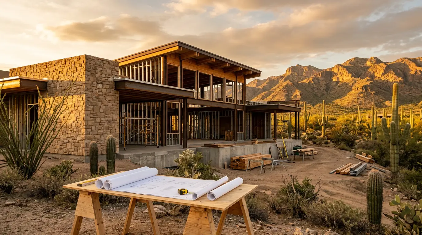 Custom luxury home builders in Arizona: a desert custom home under construction