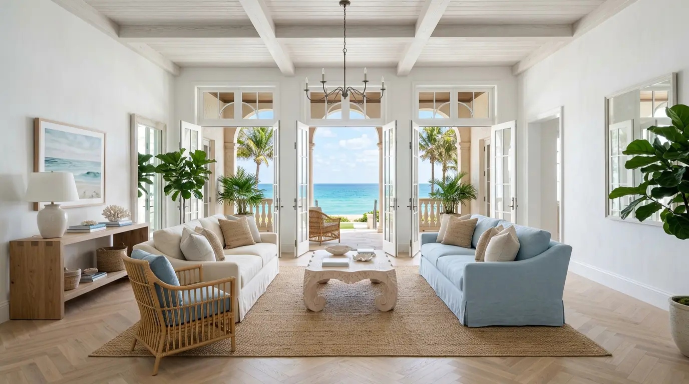 Palm Beach interior designer: oceanfront estate living room with palms and Atlantic views