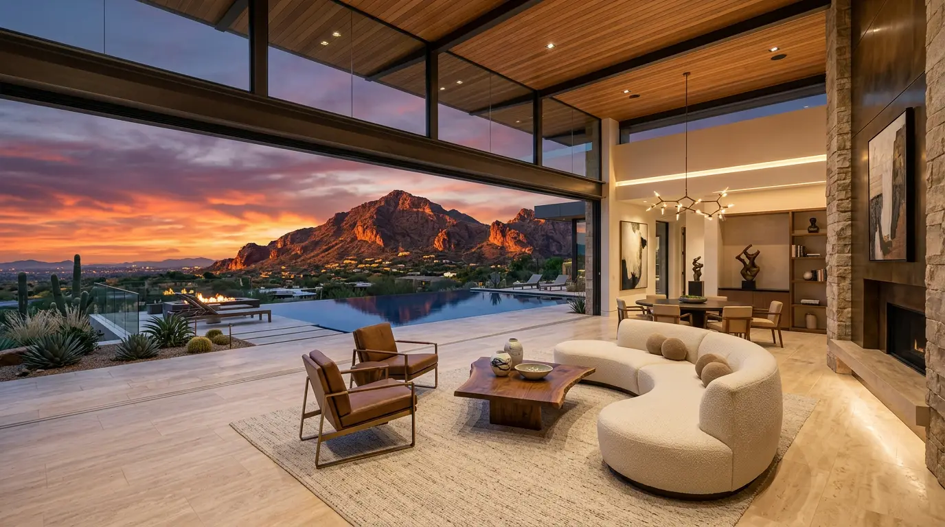 Paradise Valley interior designer: estate living room with Camelback Mountain views