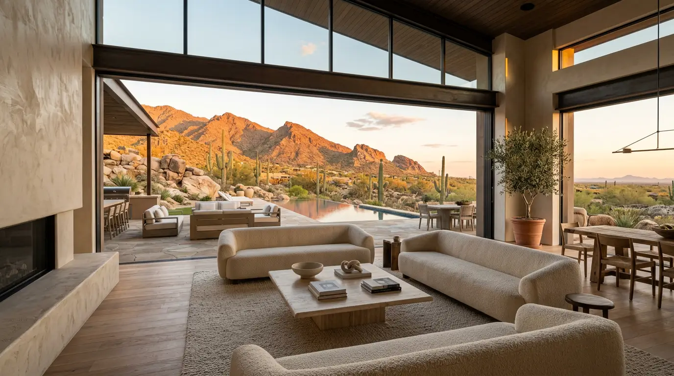 Scottsdale interior designer: luxury desert great room with glass walls opening to the McDowell Mountains Scottsdale interior designer: luxury desert great room with glass walls opening to the McDowell Mountains