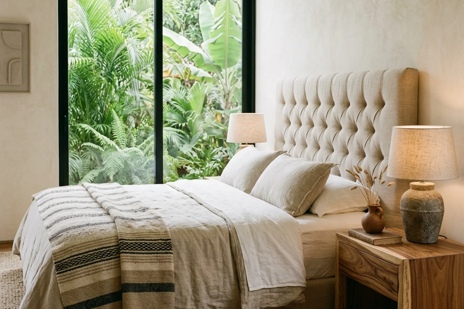 Luxury interior design in Zapopan, MX: primary bedroom with linen headboard and parota wood nightstand Luxury interior design in Zapopan, MX: primary bedroom with linen headboard and parota wood nightstand
