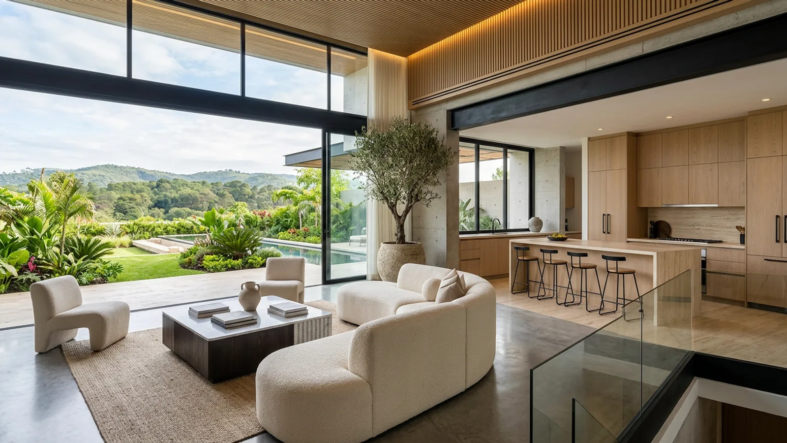 Zapopan interior designer: modern luxury living room and kitchen with garden views in Jalisco, Mexico Zapopan interior designer: modern luxury living room and kitchen with garden views in Jalisco, Mexico