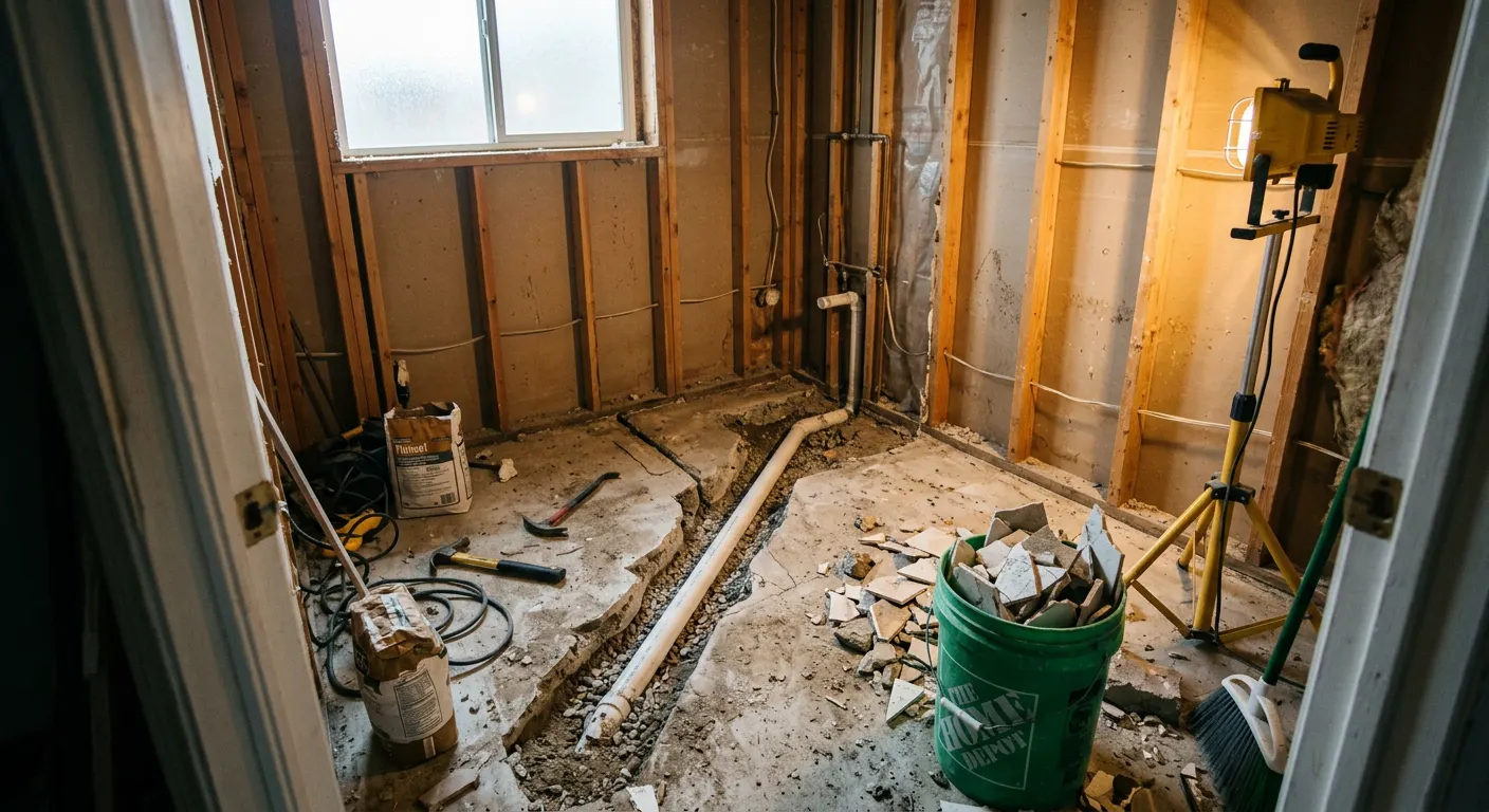 Bathroom mid-renovation with a saw-cut channel in the concrete slab and an exposed drain pipe Bathroom mid-renovation with a saw-cut channel in the concrete slab and an exposed drain pipe