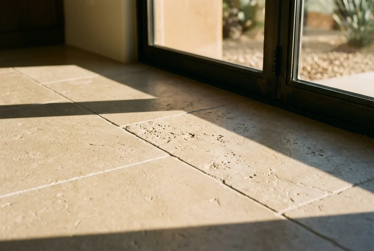 Afternoon sun raking across honed limestone floor tile in a desert estate Afternoon sun raking across honed limestone floor tile in a desert estate
