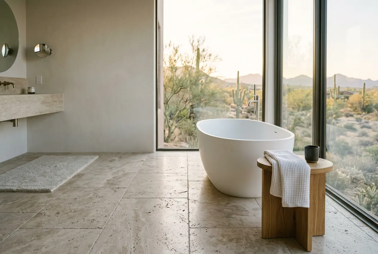 Honed travertine primary bath floor in soft morning light in a Cave Creek estate Honed travertine primary bath floor in soft morning light in a Cave Creek estate