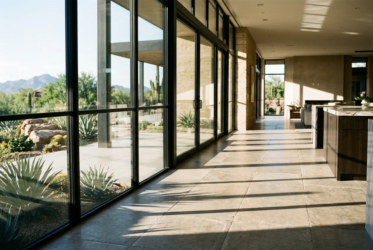 Large-format porcelain tile floor in afternoon sun beside floor-to-ceiling glass in a Scottsdale estate Large-format porcelain tile floor in afternoon sun beside floor-to-ceiling glass in a Scottsdale estate