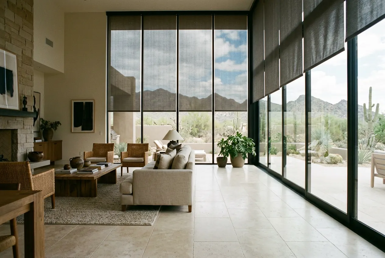 Solar shades half drawn over a glass wall protecting a stone floor in a Paradise Valley living room Solar shades half drawn over a glass wall protecting a stone floor in a Paradise Valley living room