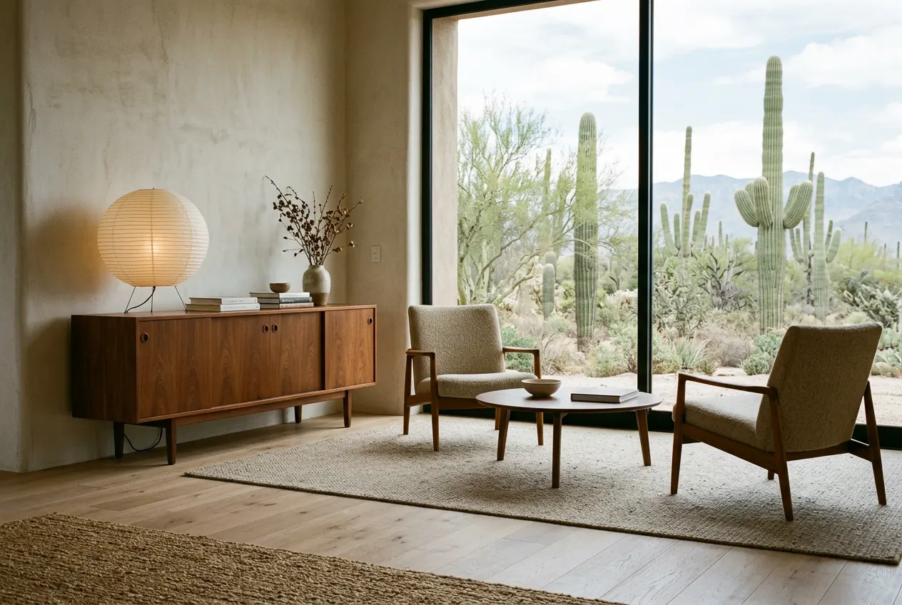 Danish modern living room with a walnut sideboard and wool lounge chairs in a desert estate Danish modern living room with a walnut sideboard and wool lounge chairs in a desert estate
