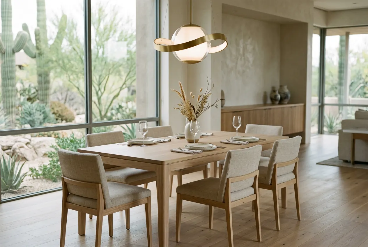 Scandinavian-style dining area with a pale oak table and sculptural pendant in a Scottsdale home Scandinavian-style dining area with a pale oak table and sculptural pendant in a Scottsdale home