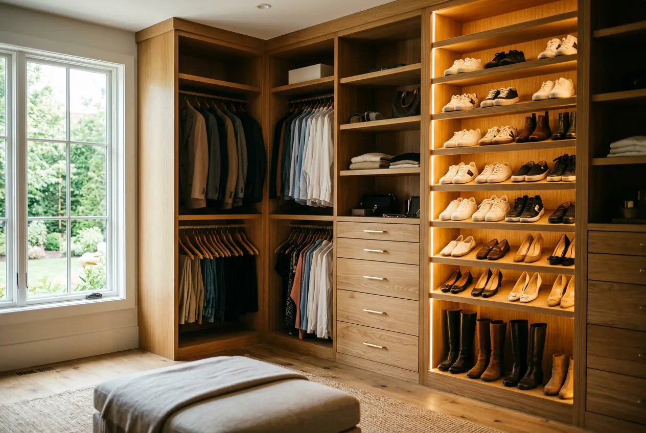 Custom closet system with hanging rods, drawers and a shoe wall in a luxury home Custom closet system with hanging rods, drawers and a shoe wall in a luxury home