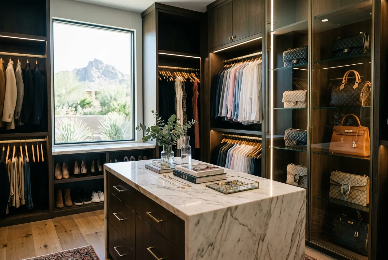 Primary closet with a marble-topped island and glass-front shelving in a Paradise Valley estate Primary closet with a marble-topped island and glass-front shelving in a Paradise Valley estate