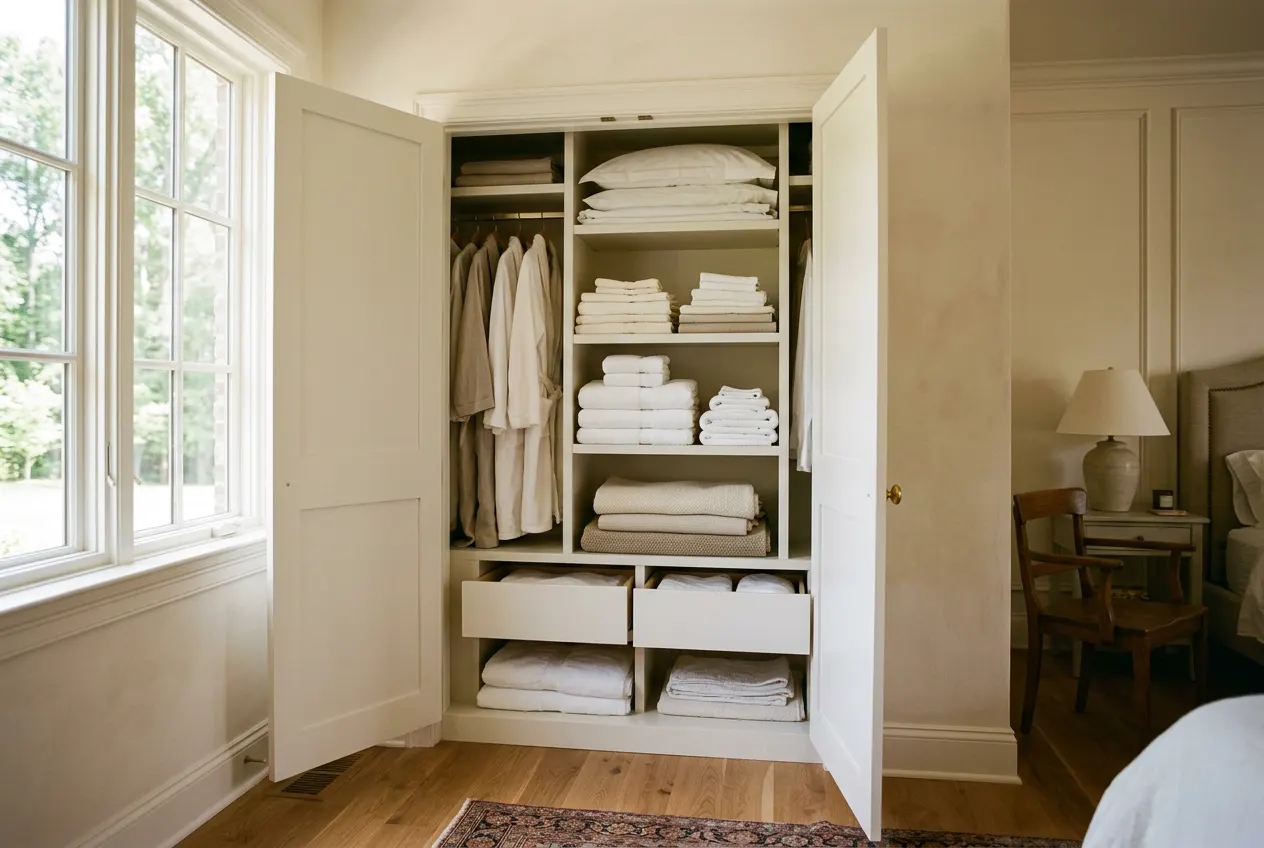 Reach-in closet with custom shaker doors and tailored shelving in an estate guest suite Reach-in closet with custom shaker doors and tailored shelving in an estate guest suite