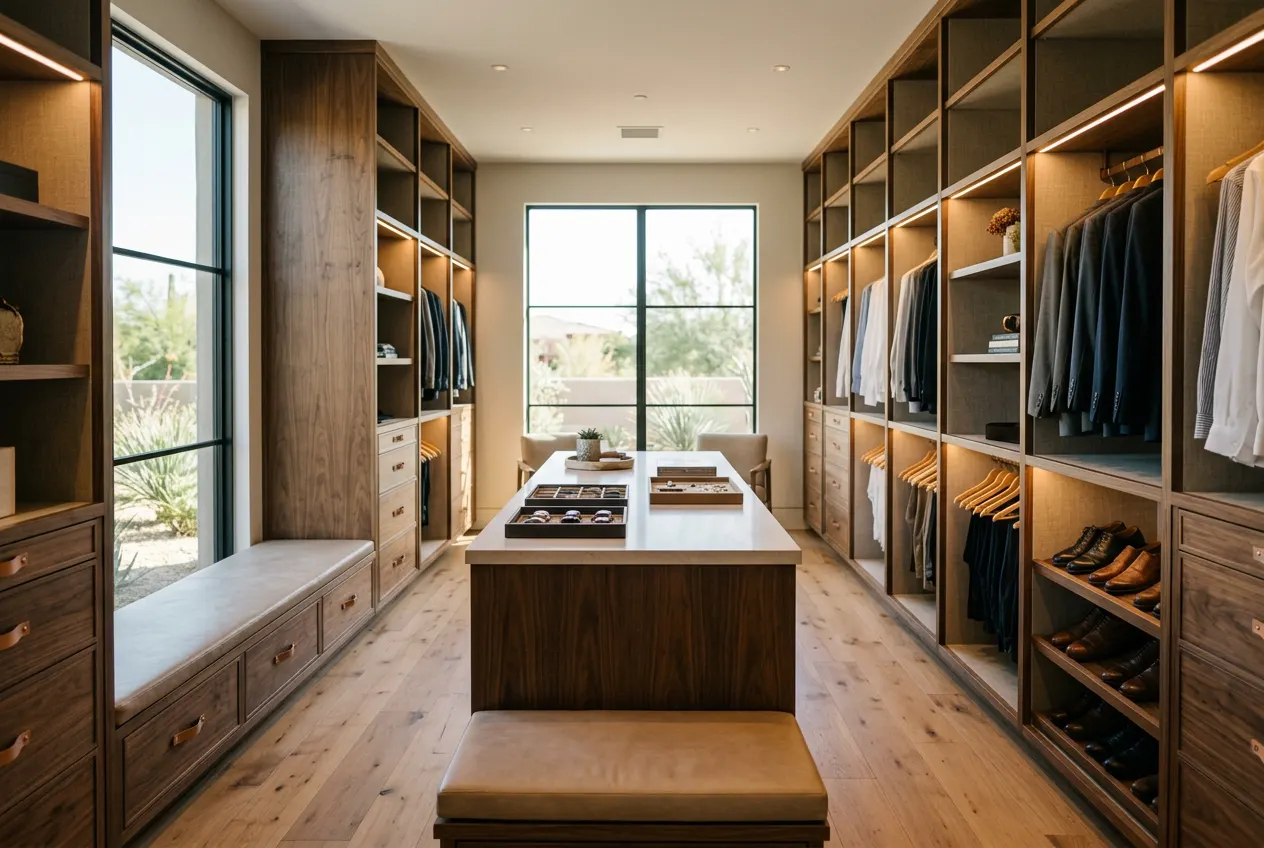 Walk-in closet with walnut cabinetry and integrated lighting in a Scottsdale estate Walk-in closet with walnut cabinetry and integrated lighting in a Scottsdale estate