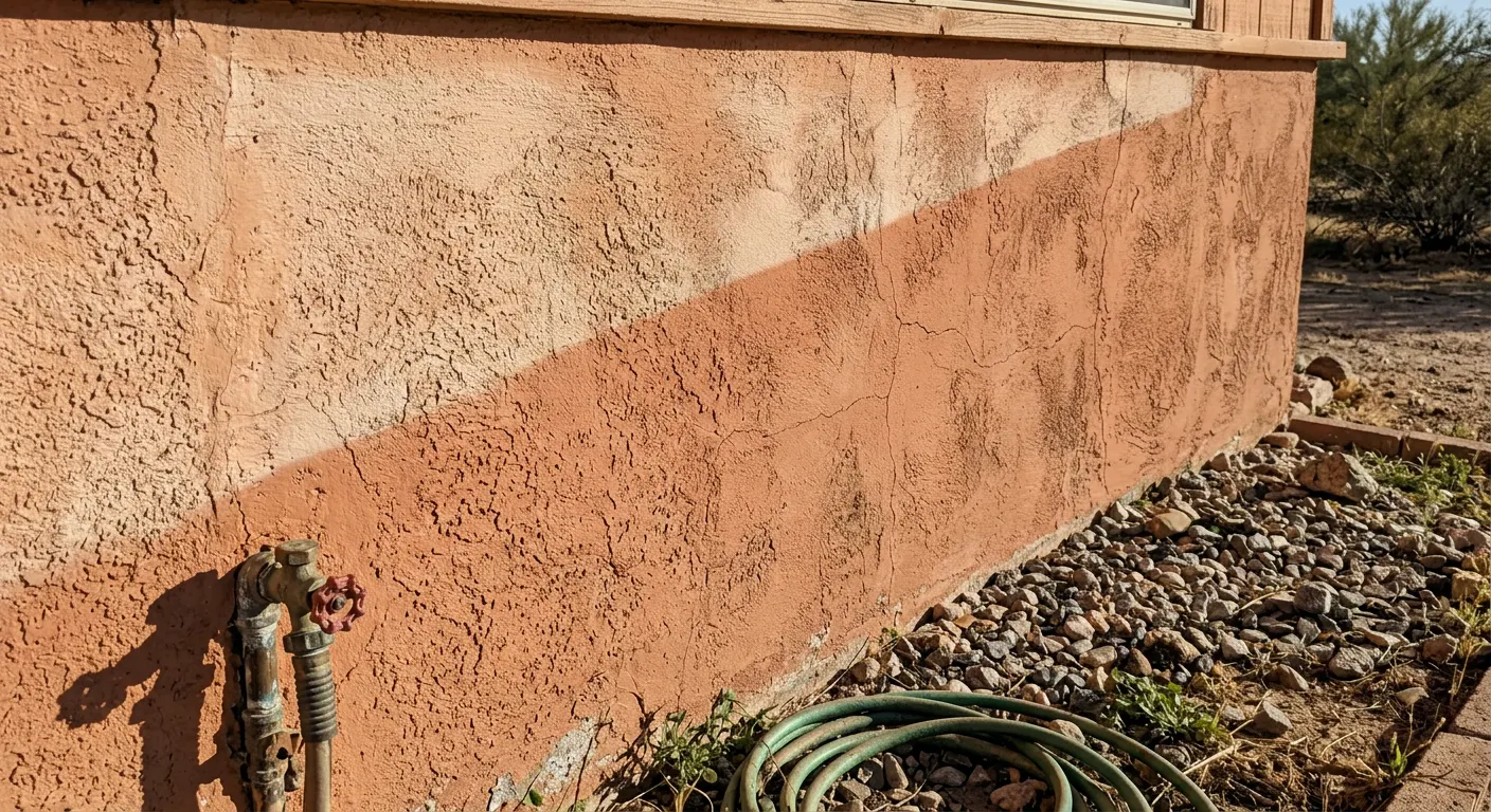 Sun-faded painted stucco exterior wall beside a stack of paint and stain color samples Sun-faded painted stucco exterior wall beside a stack of paint and stain color samples