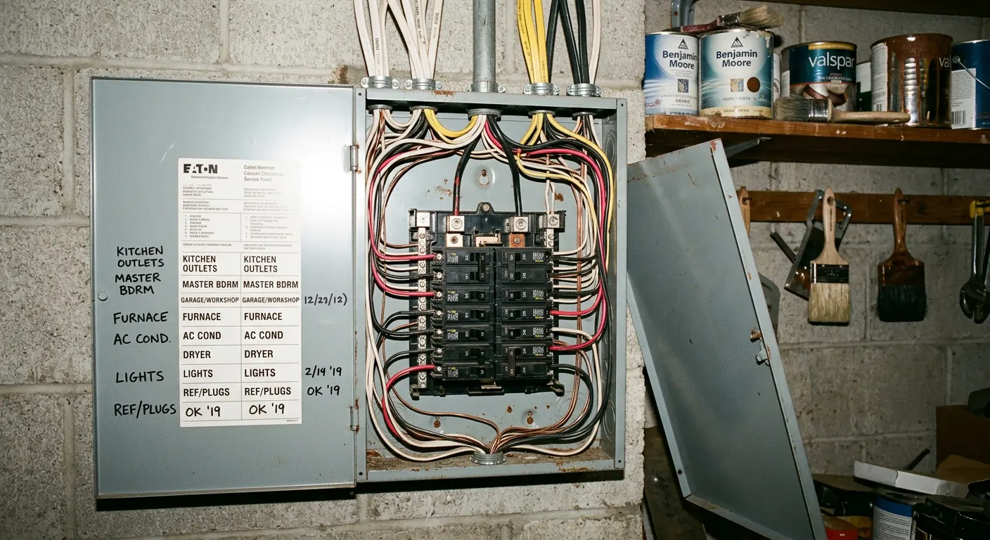 Residential electrical panel in a garage with labeled breakers Residential electrical panel in a garage with labeled breakers
