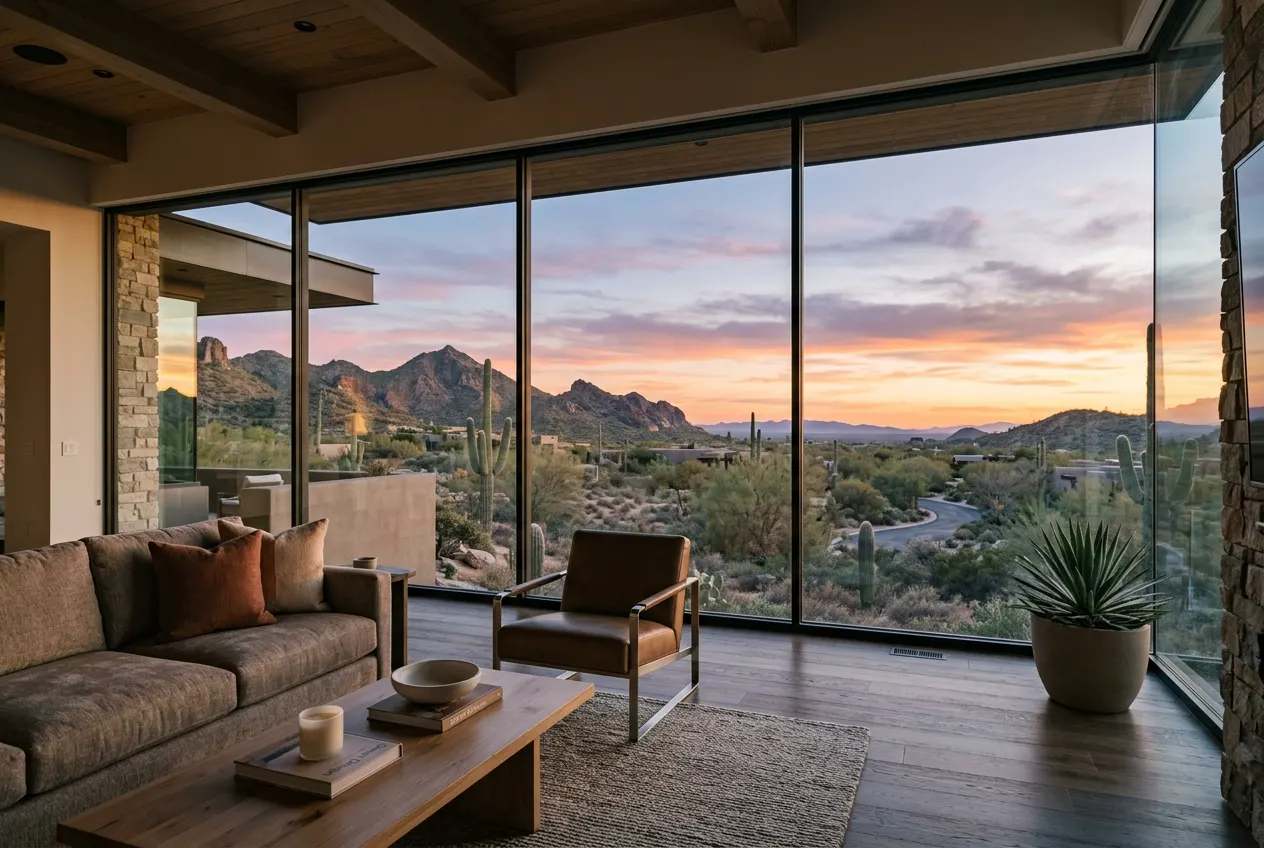 Clear glass wall framing a Cave Creek desert view at sunset in a luxury living room Clear glass wall framing a Cave Creek desert view at sunset in a luxury living room