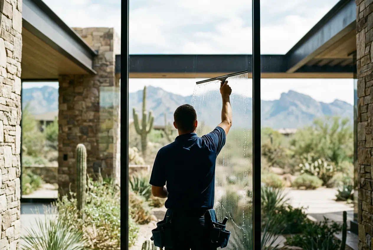 Technician squeegeeing a floor-to-ceiling glass wall at a Paradise Valley estate Technician squeegeeing a floor-to-ceiling glass wall at a Paradise Valley estate