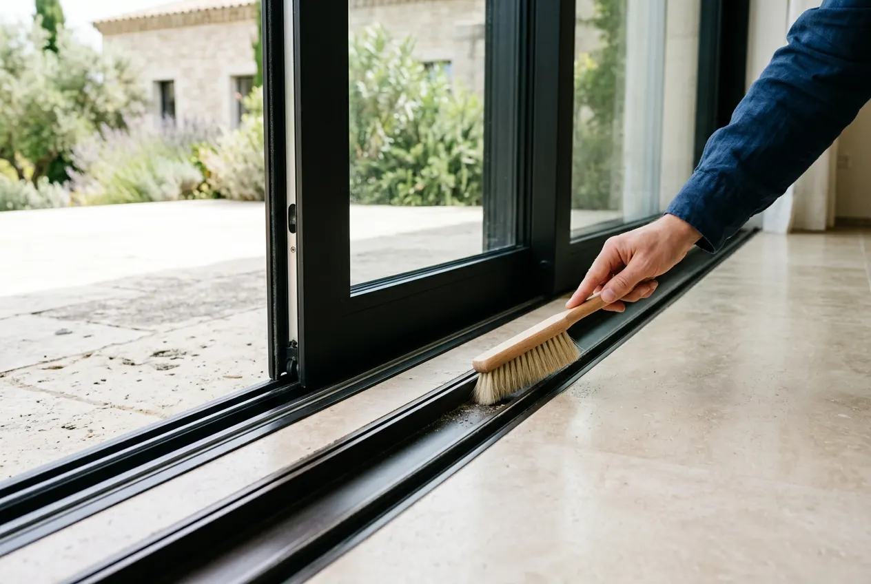 Recessed track of a large sliding glass door at an estate, with a brush cleaning it Recessed track of a large sliding glass door at an estate, with a brush cleaning it