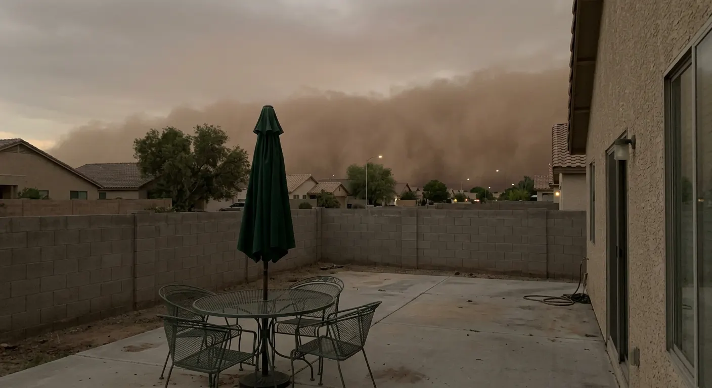 Cave Creek covered patio with motorized screens half lowered as a monsoon storm approaches Cave Creek covered patio with motorized screens half lowered as a monsoon storm approaches