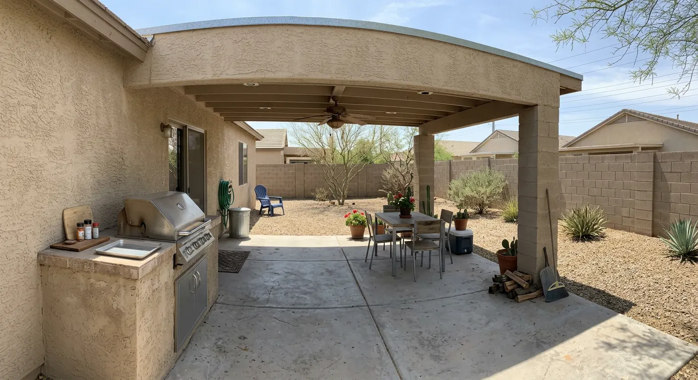 Covered backyard patio with a built-in gas grill and block counter in an Arizona neighborhood Covered backyard patio with a built-in gas grill and block counter in an Arizona neighborhood