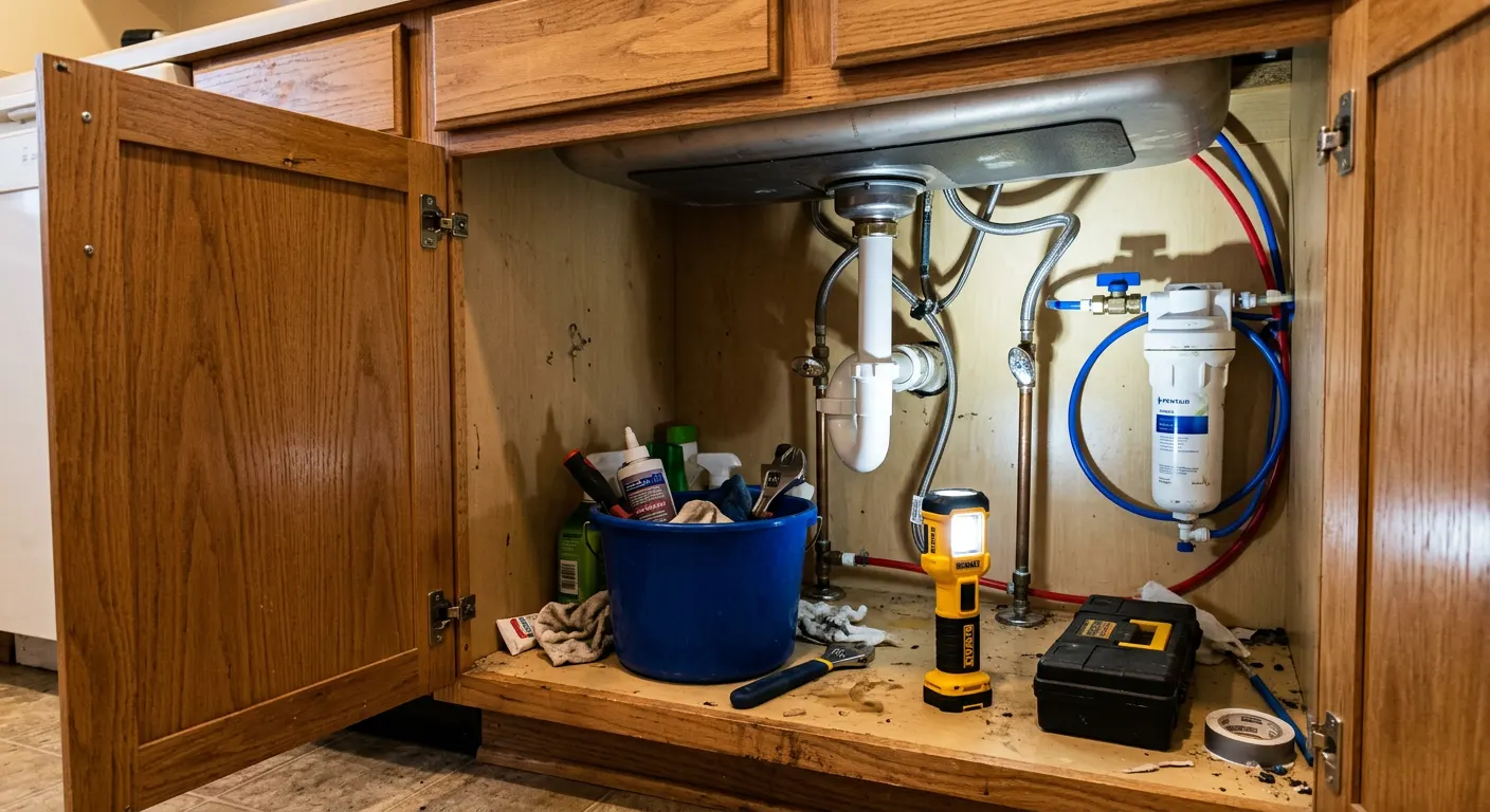 Open under-sink cabinet showing a water filter canister, tubing and shutoff valves Open under-sink cabinet showing a water filter canister, tubing and shutoff valves
