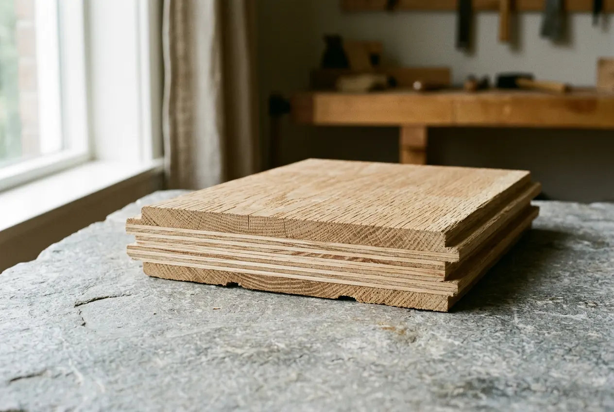 Cross-section of engineered wide-plank hardwood showing the thick wear layer Cross-section of engineered wide-plank hardwood showing the thick wear layer