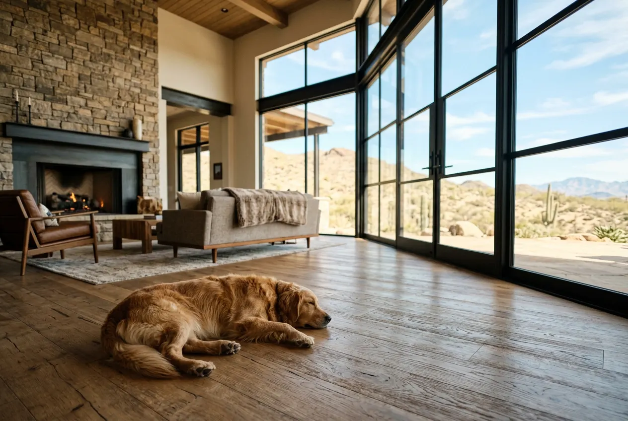 Golden retriever resting on a wide-plank oak floor in an estate great room Golden retriever resting on a wide-plank oak floor in an estate great room