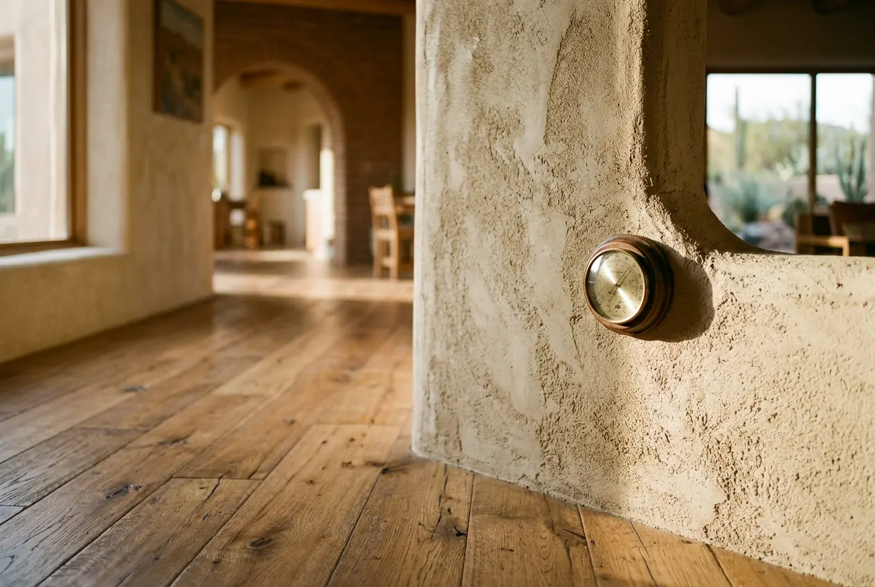 Hygrometer on a wall beside wide-plank oak flooring in a desert estate Hygrometer on a wall beside wide-plank oak flooring in a desert estate