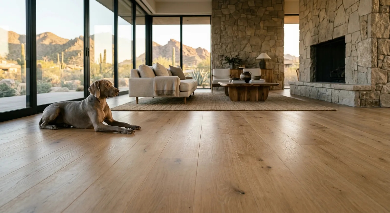 Wide-plank European white oak flooring in a Sonoran desert estate great room with a Weimaraner resting near floor-to-ceiling glass Wide-plank European white oak flooring in a Sonoran desert estate great room with a Weimaraner resting near floor-to-ceiling glass