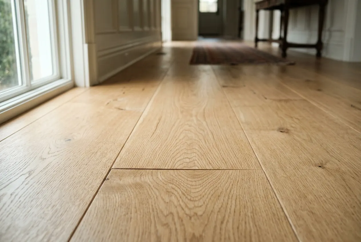Close-up of wide-plank white oak grain with a satin finish in an estate hallway Close-up of wide-plank white oak grain with a satin finish in an estate hallway