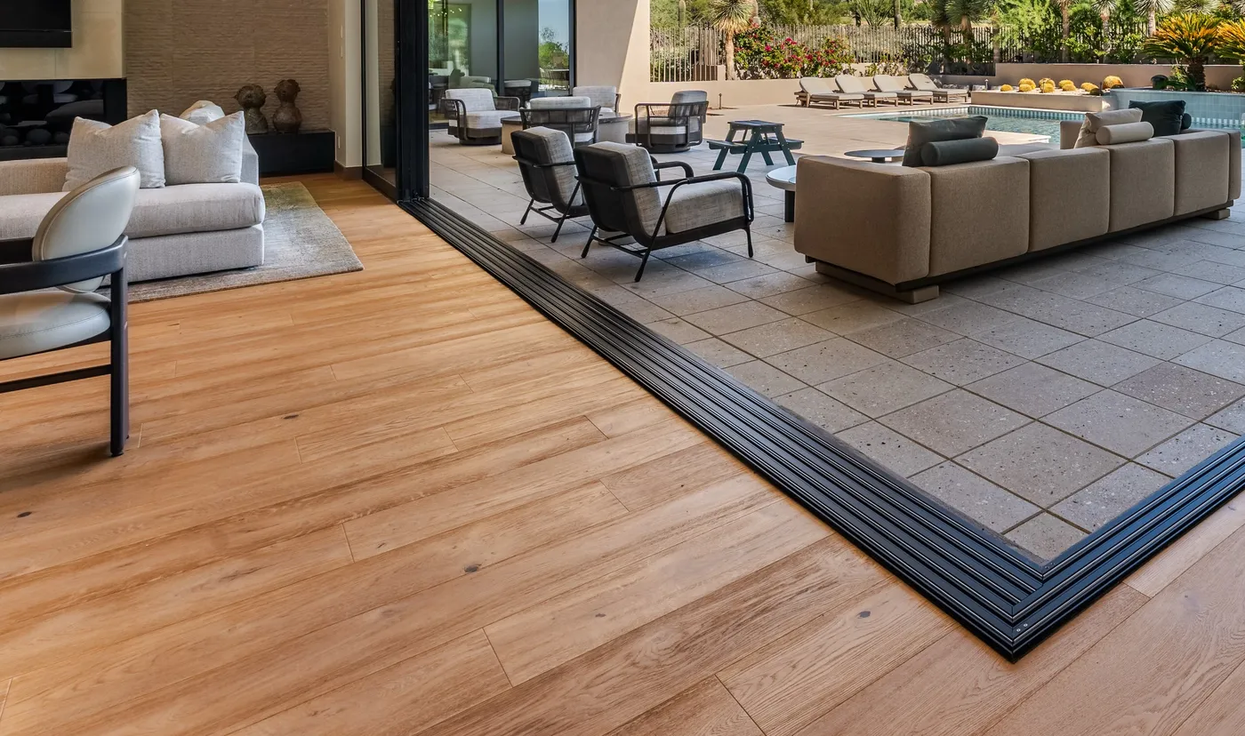 Wide-plank oak flooring in a luxury estate great room Wide-plank oak flooring in a luxury estate great room