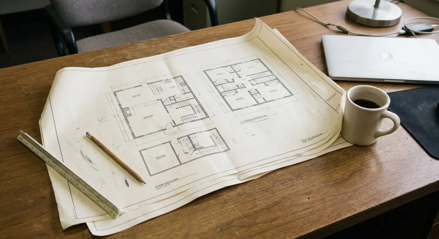 Stack of residential plan sheets and a permit placard on a desk beside a laptop Stack of residential plan sheets and a permit placard on a desk beside a laptop