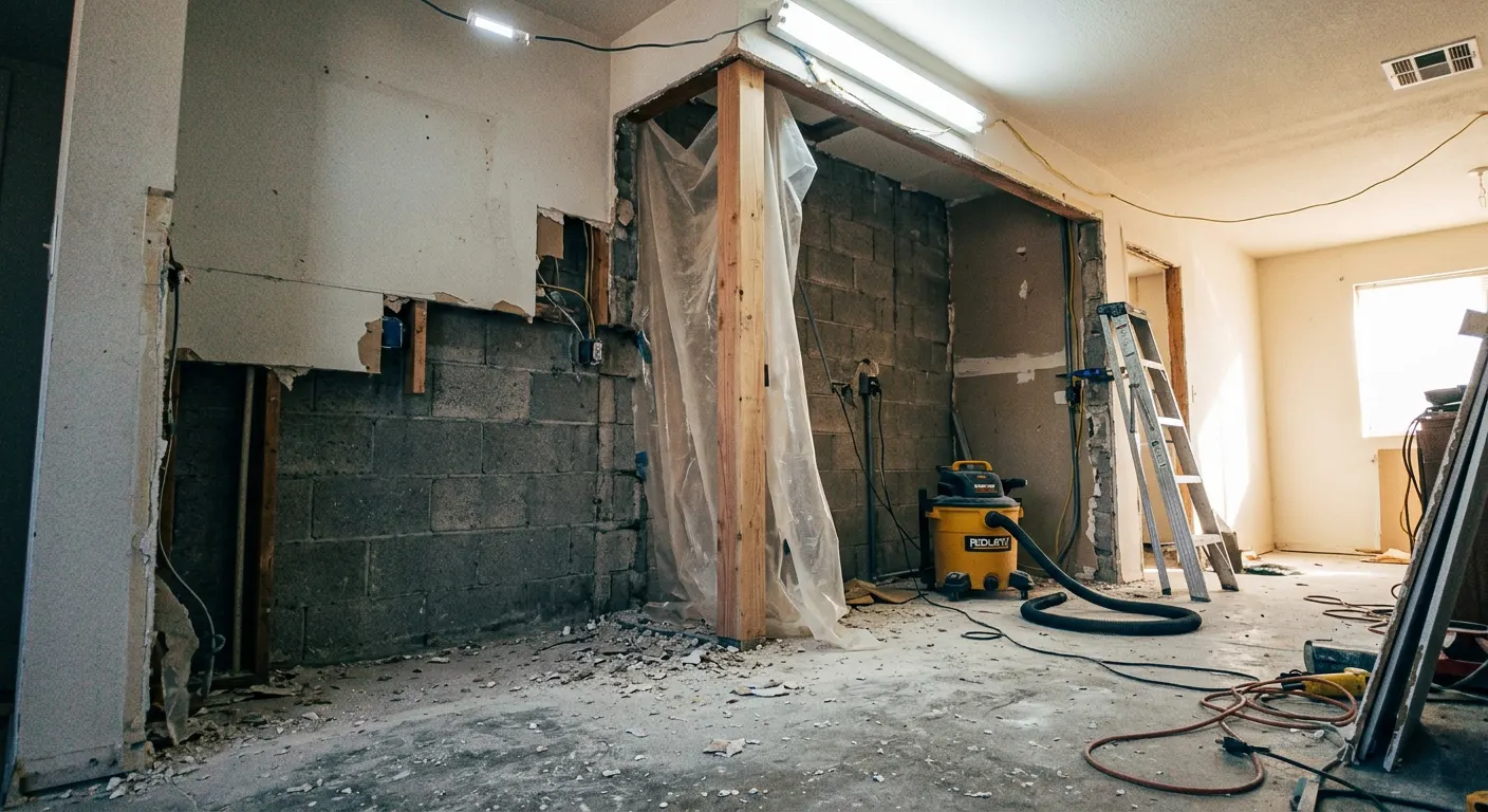 Block interior wall partly opened with a temporary shoring post and plastic sheeting during a remodel Block interior wall partly opened with a temporary shoring post and plastic sheeting during a remodel