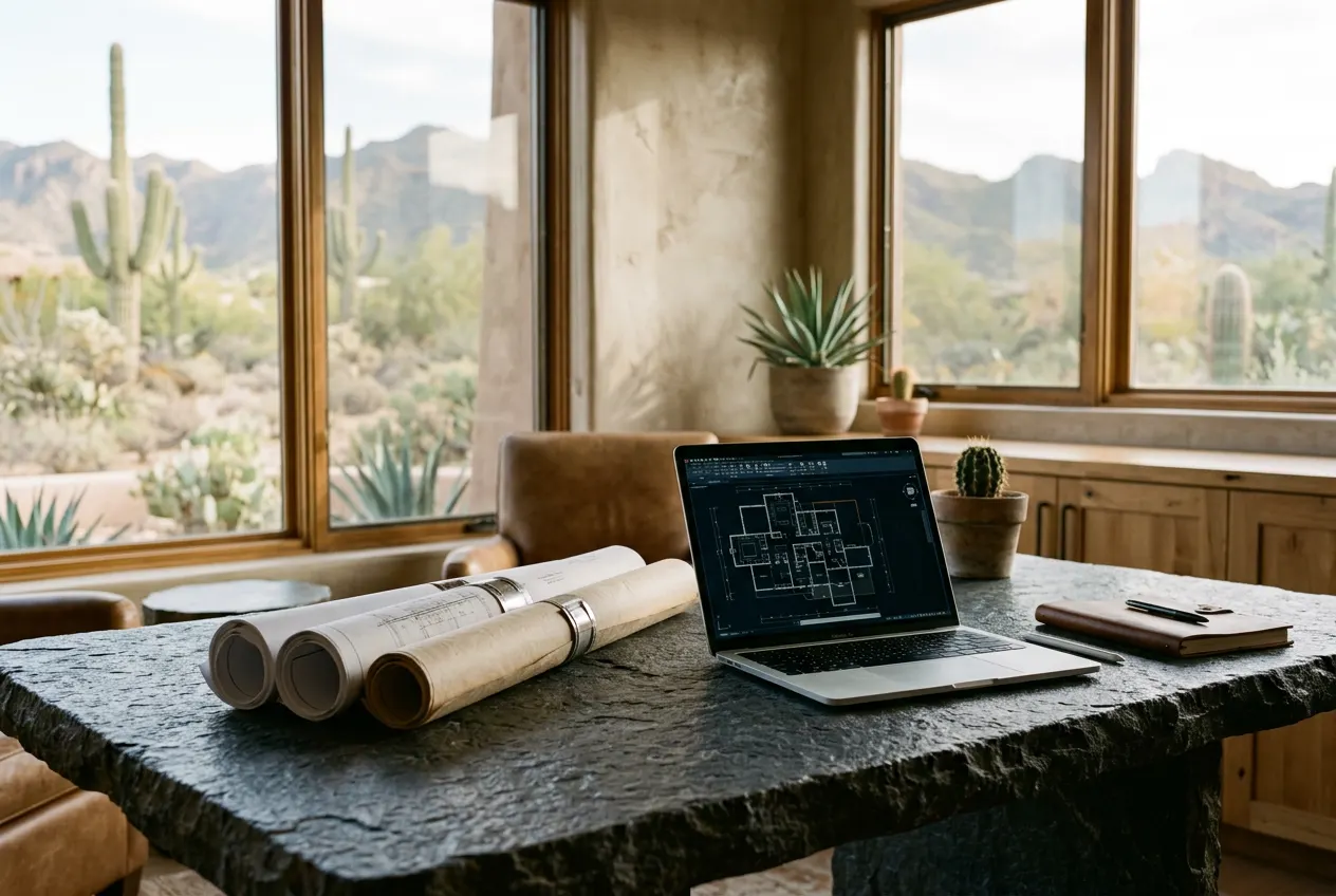 Rolled blueprints and a laptop CAD plan on a stone table in a Scottsdale home office Rolled blueprints and a laptop CAD plan on a stone table in a Scottsdale home office