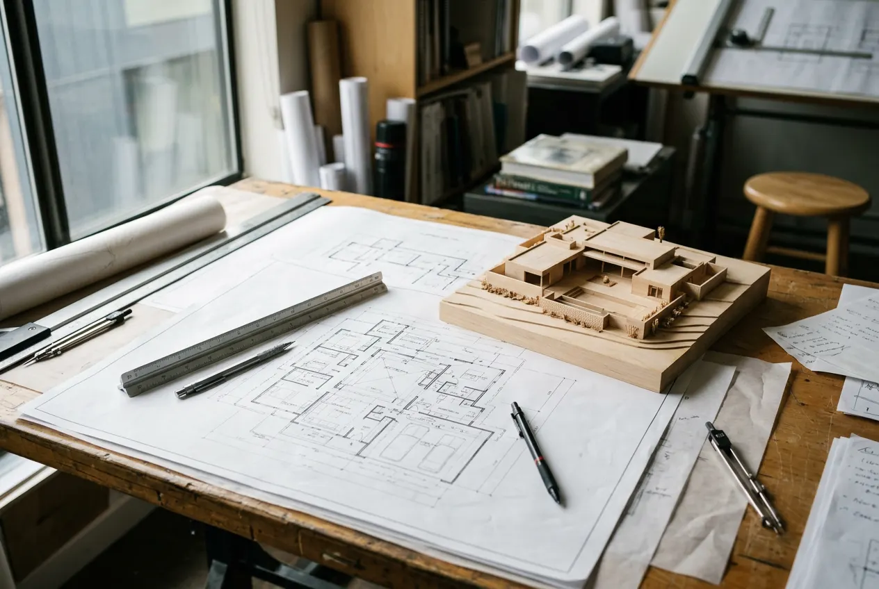 Architectural drafting table with floor plans and a scale model of a desert estate Architectural drafting table with floor plans and a scale model of a desert estate