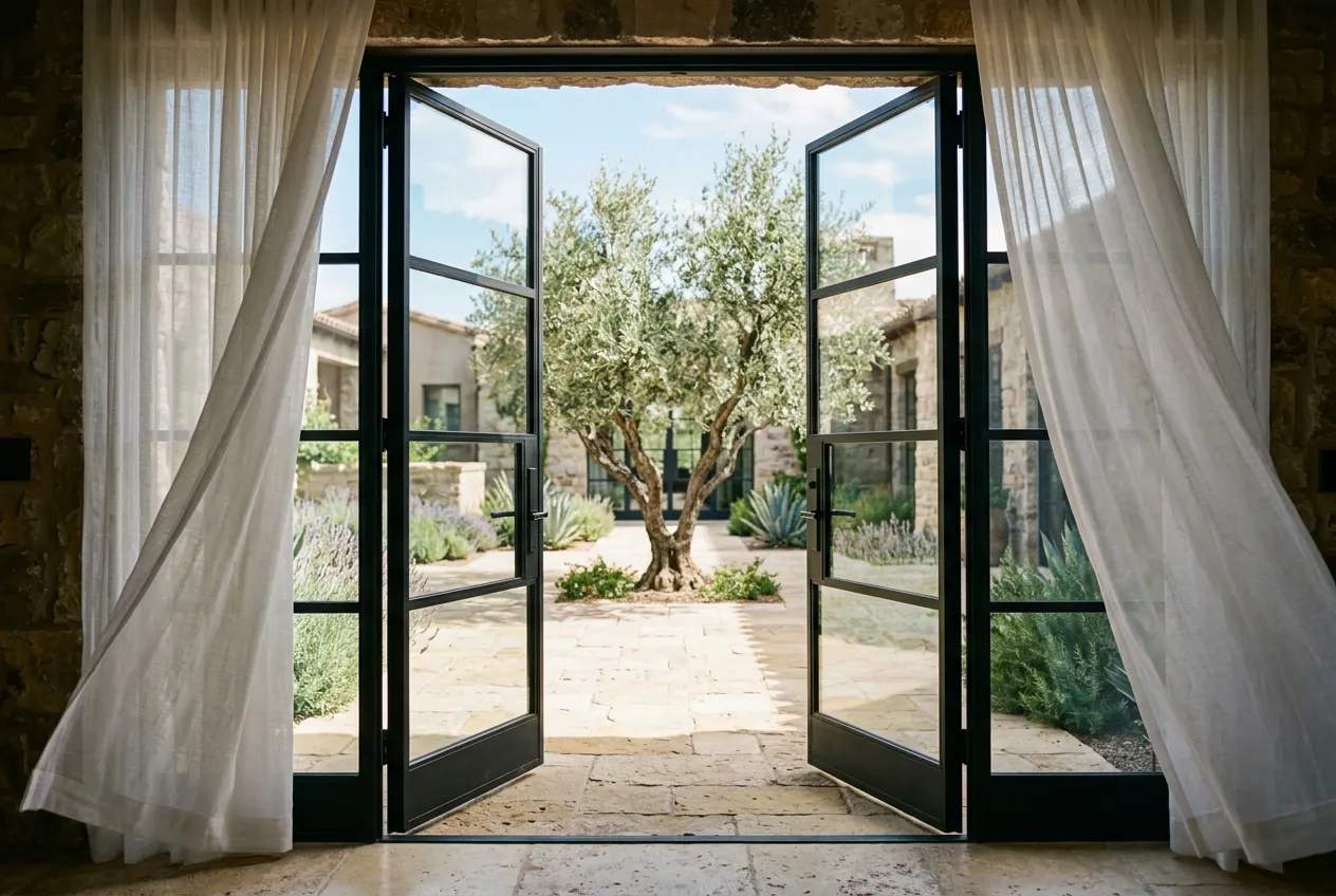 Pair of steel French doors opening to a limestone courtyard at a Paradise Valley estate Pair of steel French doors opening to a limestone courtyard at a Paradise Valley estate