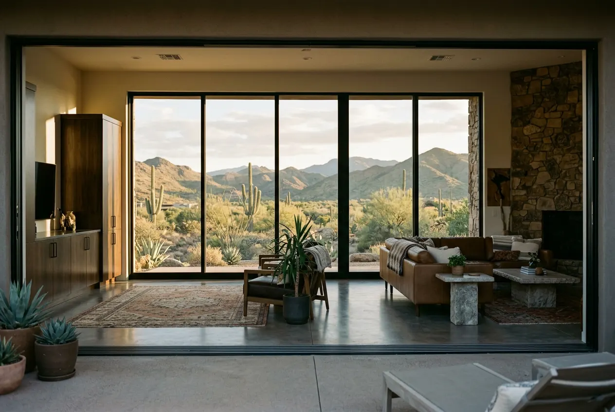 Wide multi-slide patio door system with a desert view in a Cave Creek home Wide multi-slide patio door system with a desert view in a Cave Creek home