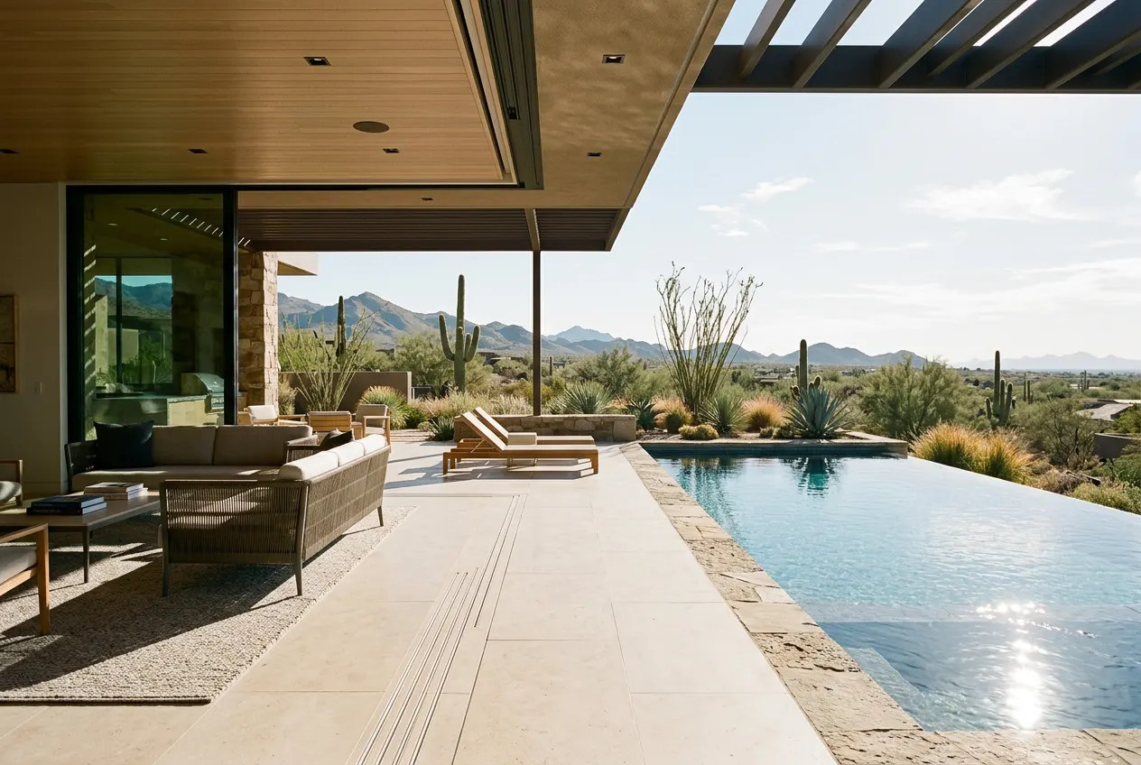 Pocketing sliding glass doors opening to a pool terrace at a Scottsdale estate Pocketing sliding glass doors opening to a pool terrace at a Scottsdale estate