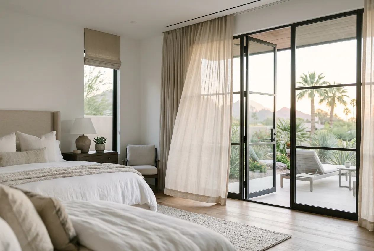 Sheer drapery on a ceiling track beside glass doors in a Paradise Valley bedroom Sheer drapery on a ceiling track beside glass doors in a Paradise Valley bedroom
