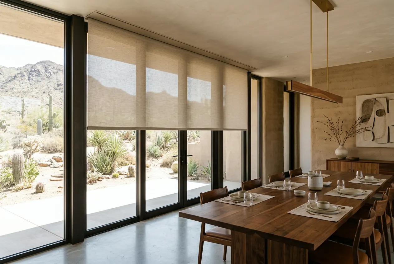 Hidden shade pocket with a motorized shade descending in a desert estate dining room Hidden shade pocket with a motorized shade descending in a desert estate dining room