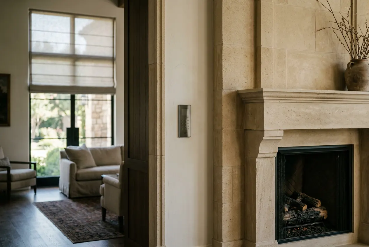 Wall keypad controlling window shades beside a limestone fireplace in an estate Wall keypad controlling window shades beside a limestone fireplace in an estate