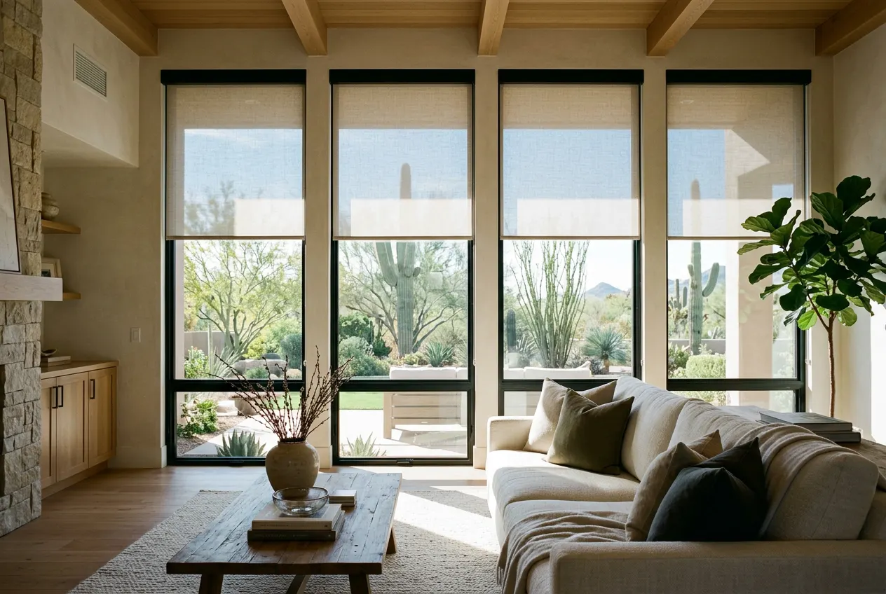 Motorized roller shades half lowered over tall windows in a Scottsdale great room Motorized roller shades half lowered over tall windows in a Scottsdale great room