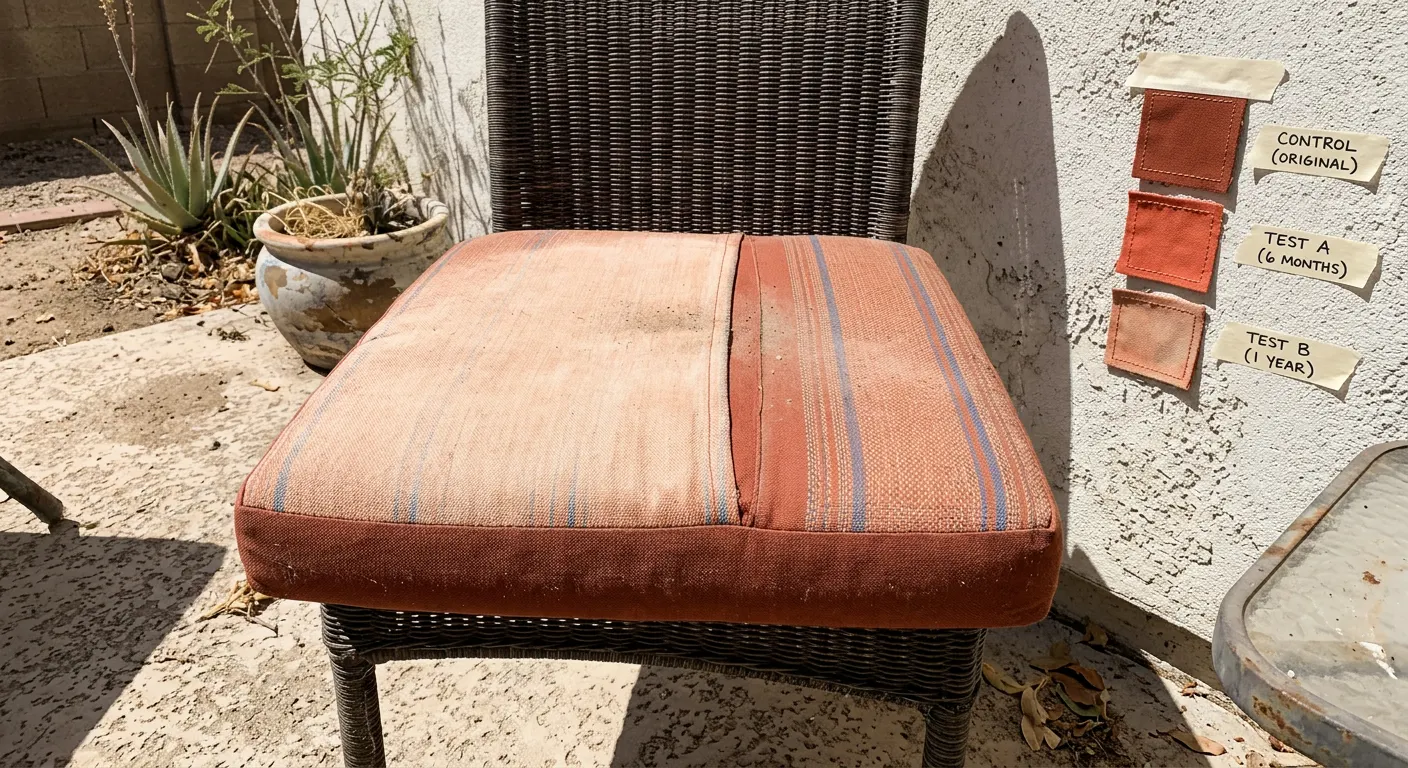 Upholstery fabric swatches in desert tones being sun-tested on a studio table Upholstery fabric swatches in desert tones being sun-tested on a studio table